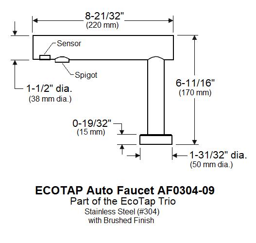 PALMER FIXTURE EcoTap AUTOMATIC FAUCET AF0304-09 Ultra Series - Automatic Deck-Mounted Stainless Steel Faucet with Thermomixer