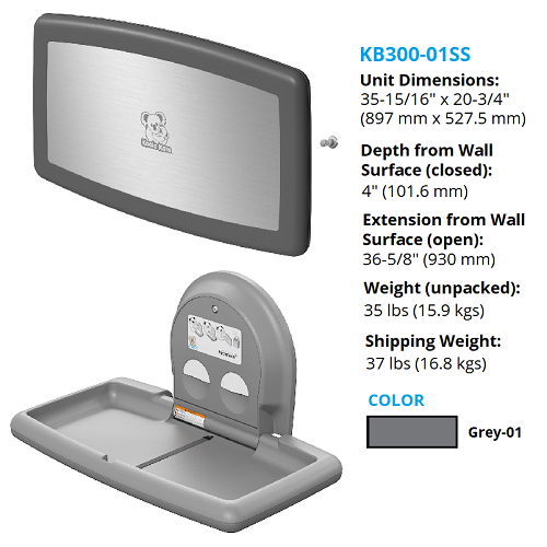 Koala Kare® KB300-01SS - Surface Horizontal Grey Baby Changing Station with Stainless Steel Veneer (Newest Generation)