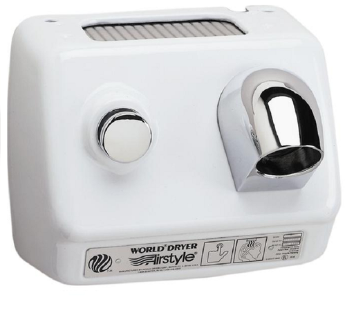 WORLD DRYER® B1-974 Airstyle™ Model B Series Hair Dryer - Cast-Iron White Finish Push Button Surface-Mounted (115V - 15 Amp)-Our Hand Dryer Manufacturers-World Dryer-110/120 volt - 20 amp hard wired-Allied Hand Dryer