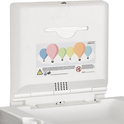 Saniflow® CP0016VCS-I-ASTM BabyMedi® Baby Changing Station - Satin Stainless Steel & White Vertical Surface-Mounted with Disinfecting Ionizer