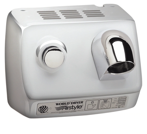 WORLD DRYER® DB7-972 Airstyle™ Model B Series Hair Dryer - Stainless Steel Cover with Polished (Bright) Finish Push Button Surface-Mounted (277V)-Our Hand Dryer Manufacturers-World Dryer-277 volt hard wired-Allied Hand Dryer