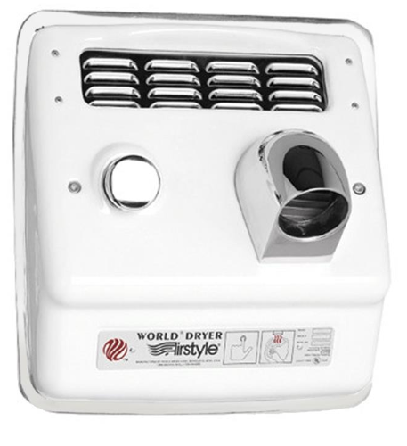 WORLD DRYER® RB38-974 Airstyle™ Model B Series Hair Dryer - Cast-Iron Cover with White Porcelain Finish, Push Button, Recess-Mounted (50 Hz ONLY - NOT for use in North America)-Our Hand Dryer Manufacturers-World Dryer-220/240 volt hard wired-Allied Hand Dryer