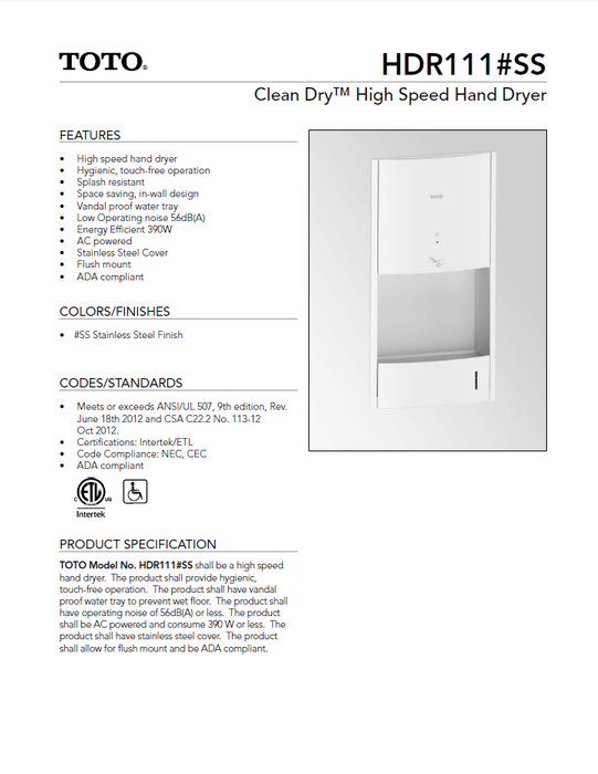 HDR111#SS, TOTO Hand Dryers Clean Dry Concealed (Recessed) Stainless Steel Automatic High Speed (Replaces the Discontinued TOTO HDR110#SS)-Our Hand Dryer Manufacturers-Toto Hand Dryers-Allied Hand Dryer