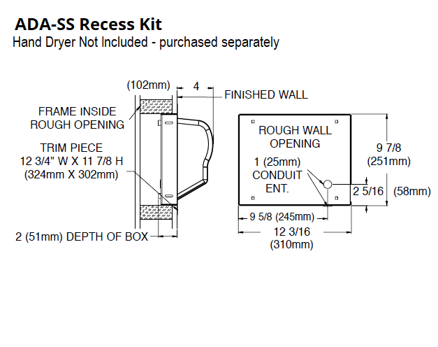 AMERICAN DRYER® ADA-SS Recess Kit (Wall Box + Face Plate) - Brushed (Satin) Stainless Steel (HAND DRYER NOT INCLUDED)