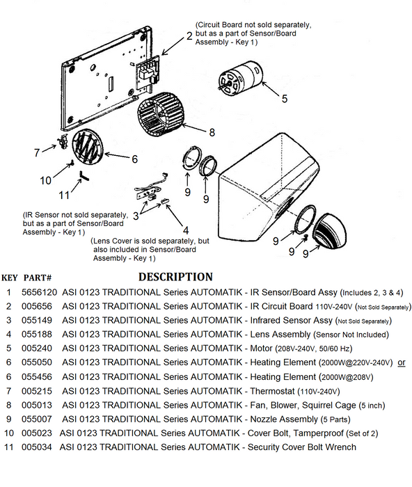 ASI 0123 TRADITIONAL Series AUTOMATIK (208V-240V) INFRARED SENSOR ASSEMBLY (Part# 055149)-Hand Dryer Parts-ASI (American Specialties, Inc.)-Allied Hand Dryer