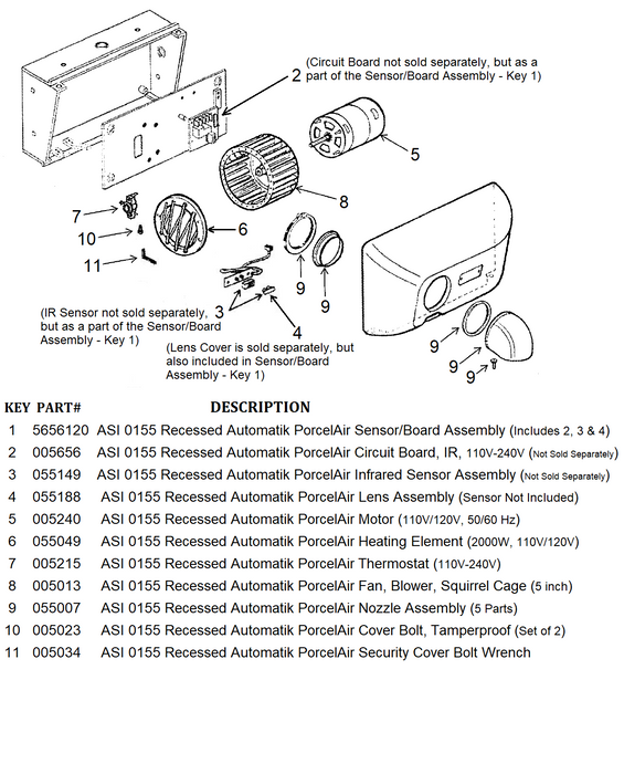 ASI 0155 Recessed PORCELAIR (Cast Iron) AUTOMATIK (110V/120V) COVER BOLT WRENCH (Part# 005034)-Hand Dryer Parts-World Dryer-Allied Hand Dryer