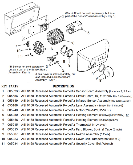 ASI 0158 Recessed PORCELAIR (Cast Iron) AUTOMATIK (208V-240V) INFRARED SENSOR ASSEMBLY (Part# 055149)-Hand Dryer Parts-World Dryer-Allied Hand Dryer