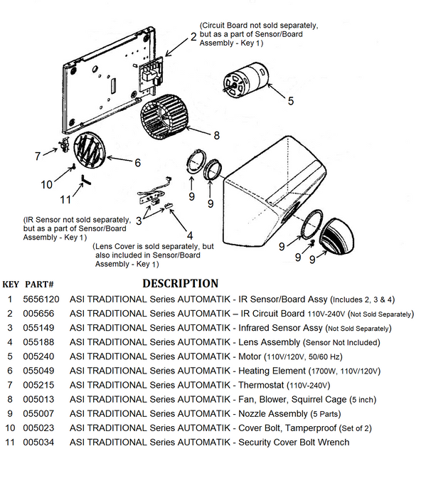 ASI AUTOMATIK (110V/120V) TRADITIONAL Series NO TOUCH Model NOZZLE ASSEMBLY (Part# 055007)-Hand Dryer Parts-ASI (American Specialties, Inc.)-Allied Hand Dryer