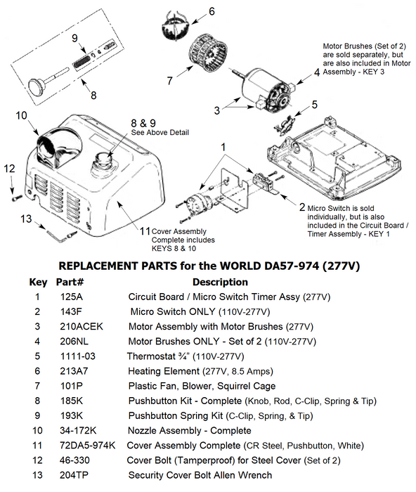 WORLD DA57-974 (277V) PUSHBUTTON KIT (Part# 185K)-Hand Dryer Parts-World Dryer-Allied Hand Dryer