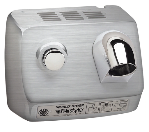 WORLD DRYER® DB7-973 Airstyle™ Model B Series Hair Dryer - Stainless Steel Cover with Brushed (Satin) Finish Push Button Surface-Mounted (277V)-Our Hand Dryer Manufacturers-World Dryer-277 volt hard wired-Allied Hand Dryer