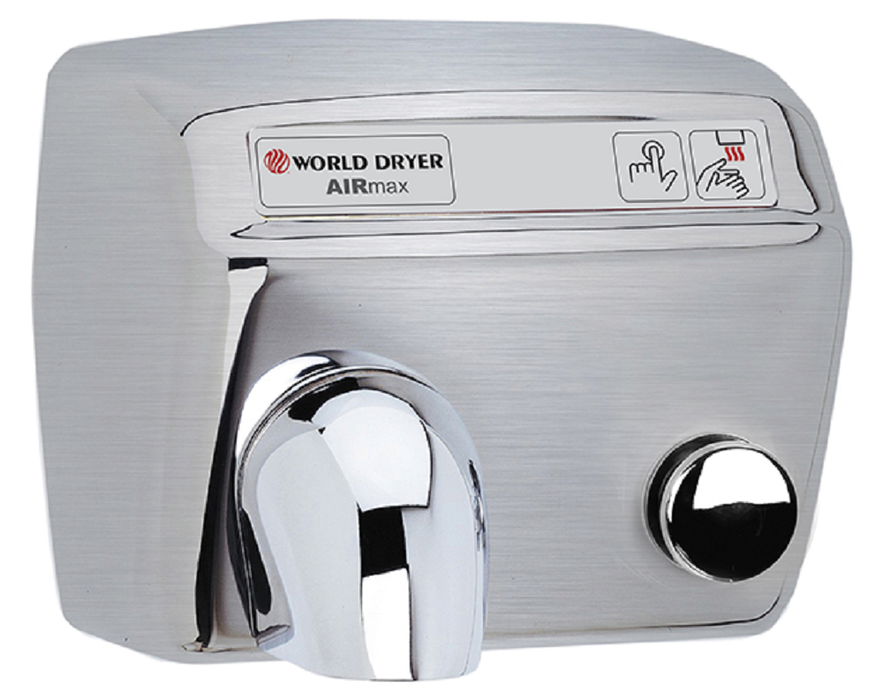 DM548-973, AirMax World Dryer Push-Button, Brushed Stainless Steel (50 Hz - NOT for use in North America)-Our Hand Dryer Manufacturers-World Dryer-220/240 volt - 50 Hz - NOT Applicable in North America-Allied Hand Dryer