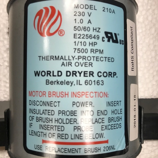 WORLD DXRA54-Q973 (208V-240V) MOTOR ASSEMBLY with MOTOR BRUSHES (Part# 210K)-Hand Dryer Parts-World Dryer-Allied Hand Dryer