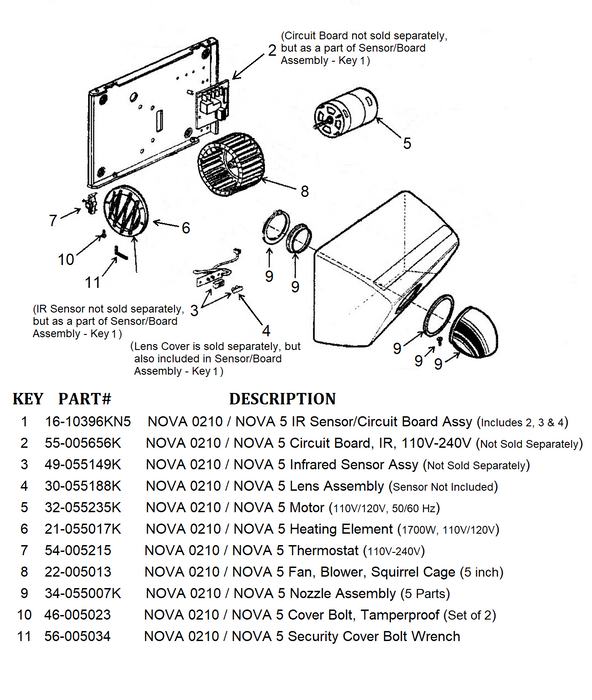 NOVA 0210 / NOVA 5 (110V/120V) Automatic Model HEATING ELEMENT (1700 Watts) Part# 21-055017K-Hand Dryer Parts-World Dryer-Allied Hand Dryer