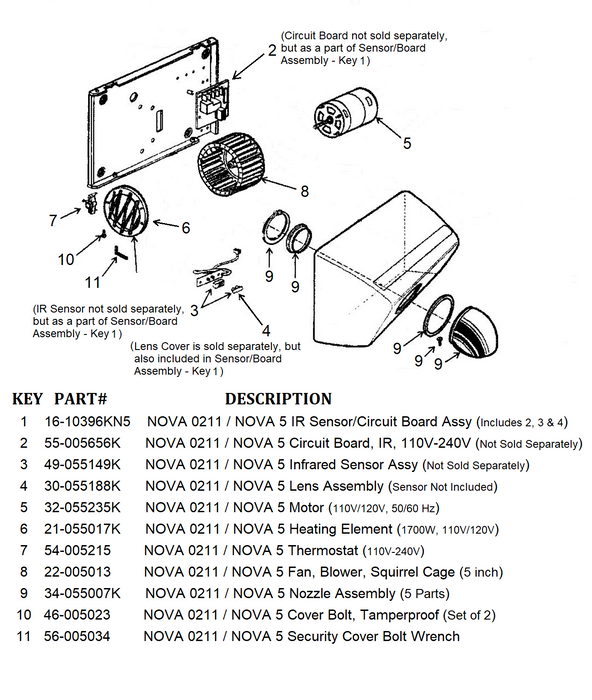 NOVA 0211 / NOVA 5 (110V/120V) Automatic Model INFRARED SENSOR and IR CIRCUIT BOARD ASSEMBLY (Part# 16-10396KN5)-Hand Dryer Parts-World Dryer-Allied Hand Dryer