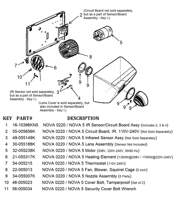 NOVA 0220 / NOVA 5 (208V-240V) Automatic Model HEATING ELEMENT (1300 to 1700 Watts) Part# 21-055317K-Hand Dryer Parts-World Dryer-Allied Hand Dryer