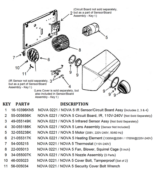 NOVA 0221 / NOVA 5 (208V-240V) Automatic Model HEATING ELEMENT (1300 to 1700 Watts) Part# 21-055317K-Hand Dryer Parts-World Dryer-Allied Hand Dryer