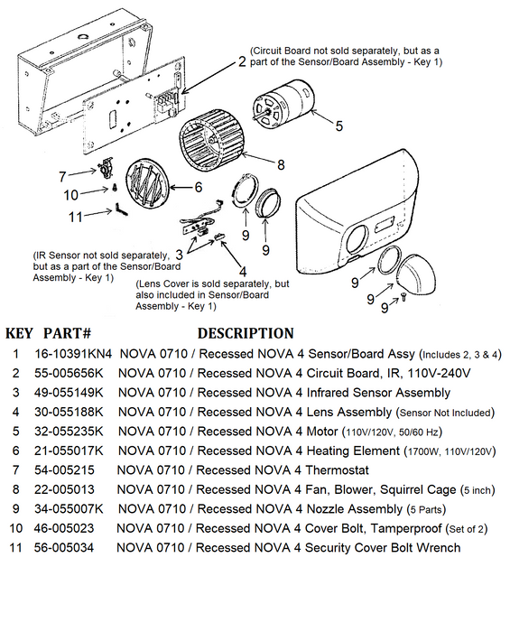 NOVA 0710 / Recessed NOVA 4 (110V/120V) Automatic Cast Iron Model INFRARED SENSOR ASSEMBLY (Part# 49-055149K)-Hand Dryer Parts-World Dryer-Allied Hand Dryer