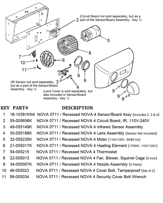 NOVA 0711 / Recessed NOVA 4 (110V/120V) Automatic Cast Iron Model INFRARED SENSOR ASSEMBLY (Part# 49-055149K)-Hand Dryer Parts-World Dryer-Allied Hand Dryer