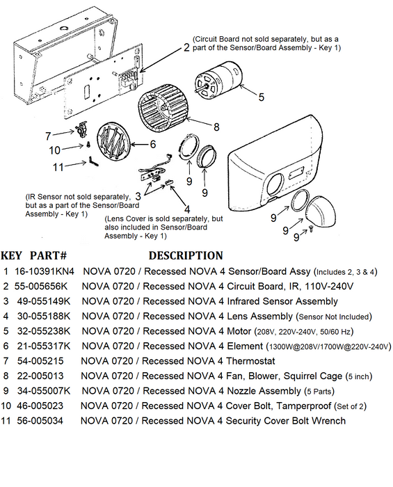 NOVA 0720 / Recessed NOVA 4 (208V-240V) Automatic Cast Iron Model HEATING ELEMENT (1300 to 1700 Watts) Part# 21-055317K-Hand Dryer Parts-World Dryer-Allied Hand Dryer