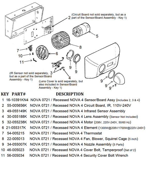 NOVA 0721 / Recessed NOVA 4 (208V-240V) Automatic Cast Iron Model HEATING ELEMENT (1300 to 1700 Watts) Part# 21-055317K-Hand Dryer Parts-World Dryer-Allied Hand Dryer
