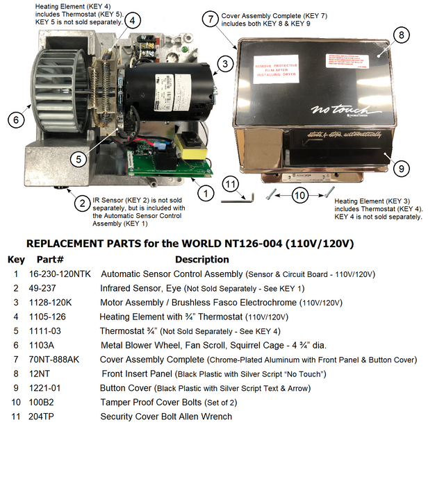 REPLACEMENT PARTS for the world NT126-004 (110V/120V)