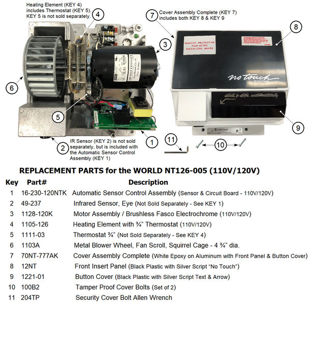 WORLD NT126-005 No Touch (110V/120V) REPLACEMENT AUTOMATIC SENSOR & CIRCUIT BOARD ASSY (Part# 16-230-120NTK)-Hand Dryer Parts-World Dryer-Allied Hand Dryer