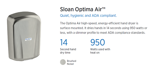 EHD-702-BN, Sloan Optima Air "Brushed Nickel" High-Voltage (208V-277V) Surface Mounted ADA-Complaint Hand Dryer-Our Hand Dryer Manufacturers-Sloan-EHD-702-BN - 208-277 Volt-Allied Hand Dryer