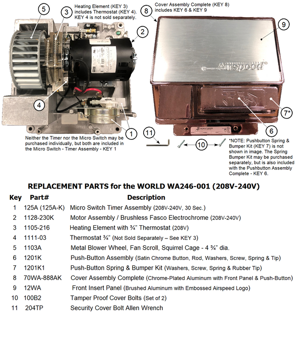 WORLD WA246-001 AirSpeed (208V-240V) REPLACEMENT MOTOR (Part# 1128-230K)-Hand Dryer Parts-World Dryer-Allied Hand Dryer