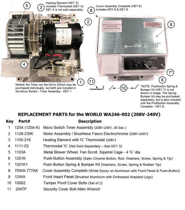 WORLD WA246-002 AirSpeed (208V-240V) REPLACEMENT PUSH-BUTTON SPRING & BUMPER KIT (Part# 1201K1)-Hand Dryer Parts-World Dryer-Allied Hand Dryer