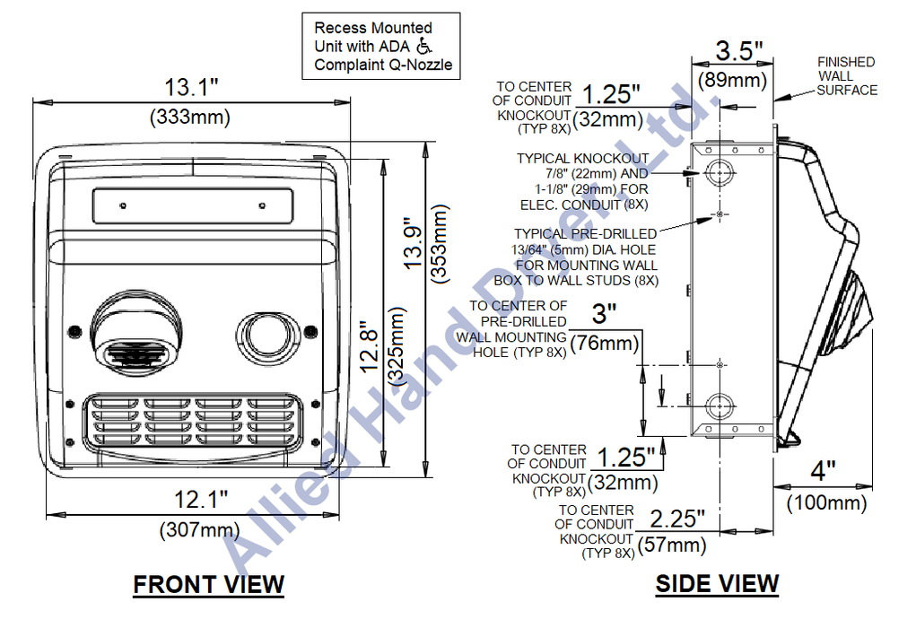 WORLD DRYER® RA52-Q974 Model A Series Hand Dryer - Cast-Iron White Porcelain Push Button Recessed (115V - 15 Amp)