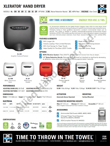 XL-GRH, XLERATOR with HEPA FILTER Excel Dryer Textured Graphite Epoxy on Zinc Alloy-Our Hand Dryer Manufacturers-Excel-XL-GRH, 110-120 Volt-Allied Hand Dryer