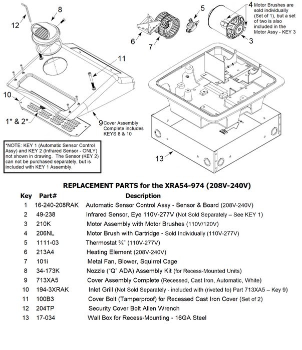WORLD XRA54-Q974 (208V-240V) "Q" NOZZLE ASSEMBLY COMPLETE (Part# 34-173K)-Hand Dryer Parts-World Dryer-Allied Hand Dryer