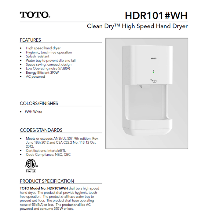 HDR101#WH, TOTO Clean Dry White Automatic High Speed-Our Hand Dryer Manufacturers-Toto Hand Dryers-Allied Hand Dryer