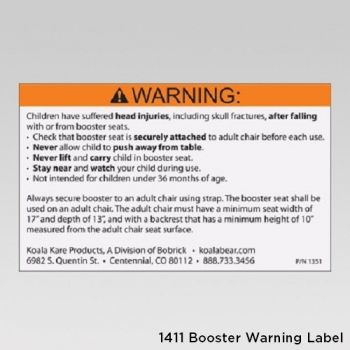 1411 - WARNING LABEL for KB854/KB855 Restaurant Booster, KB116/KB117 Booster Buddy, and KB327 Booste