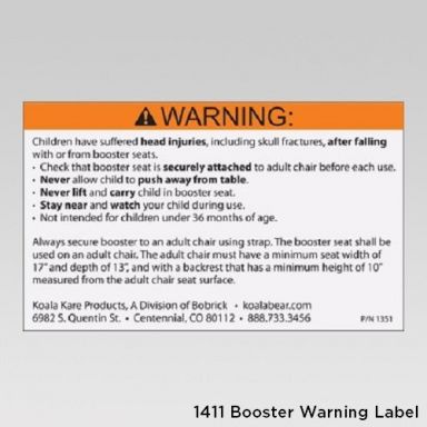 1411 - WARNING LABEL for KB854/KB855 Restaurant Booster, KB116/KB117 Booster Buddy, and KB327 Booste